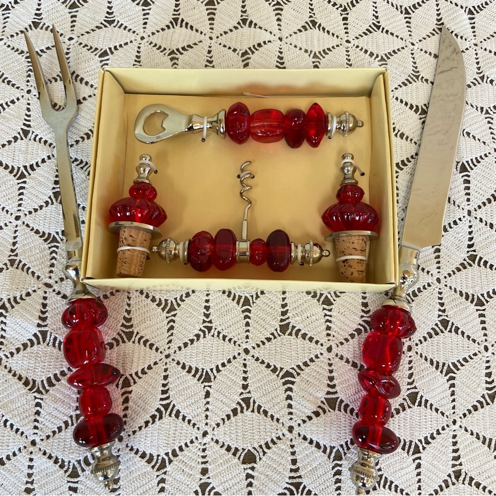 Mango Moon 4-Piece Bar Set plus Meat Carving Set with Red Acrylic Stone Handles